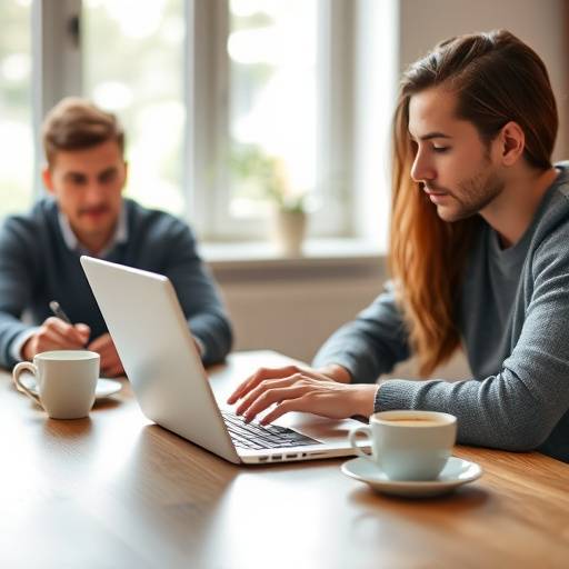 Dos personas revisando un presupuesto en una mesa con un ordenador port&radic;&deg;til y tazas de caf&radic;&copy;