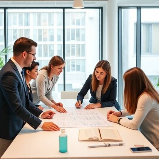 Grupo de personas trabajando en un plan financiero en una oficina luminosa