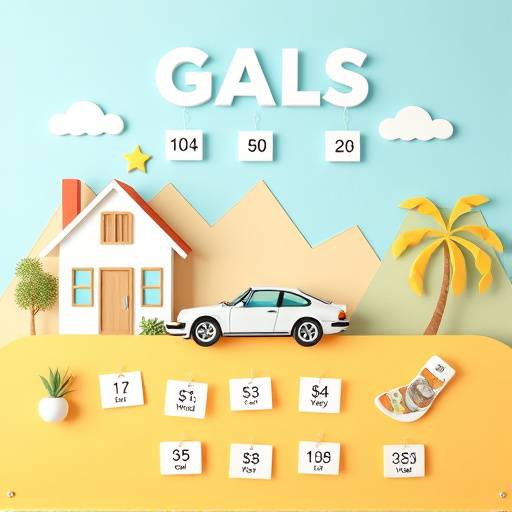 Representaci&radic;&ge;n visual de un tablero de metas financieras con im&radic;&deg;genes de una casa, un coche y vacaciones