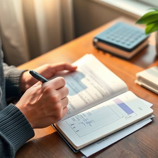 Una persona anotando gastos en un cuaderno mientras revisa recibos y extractos bancarios